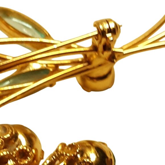 Vintage Gold Tone Floral Brooch Aqua Rhinestones & Enamel Detailing - Picture 5 of 7